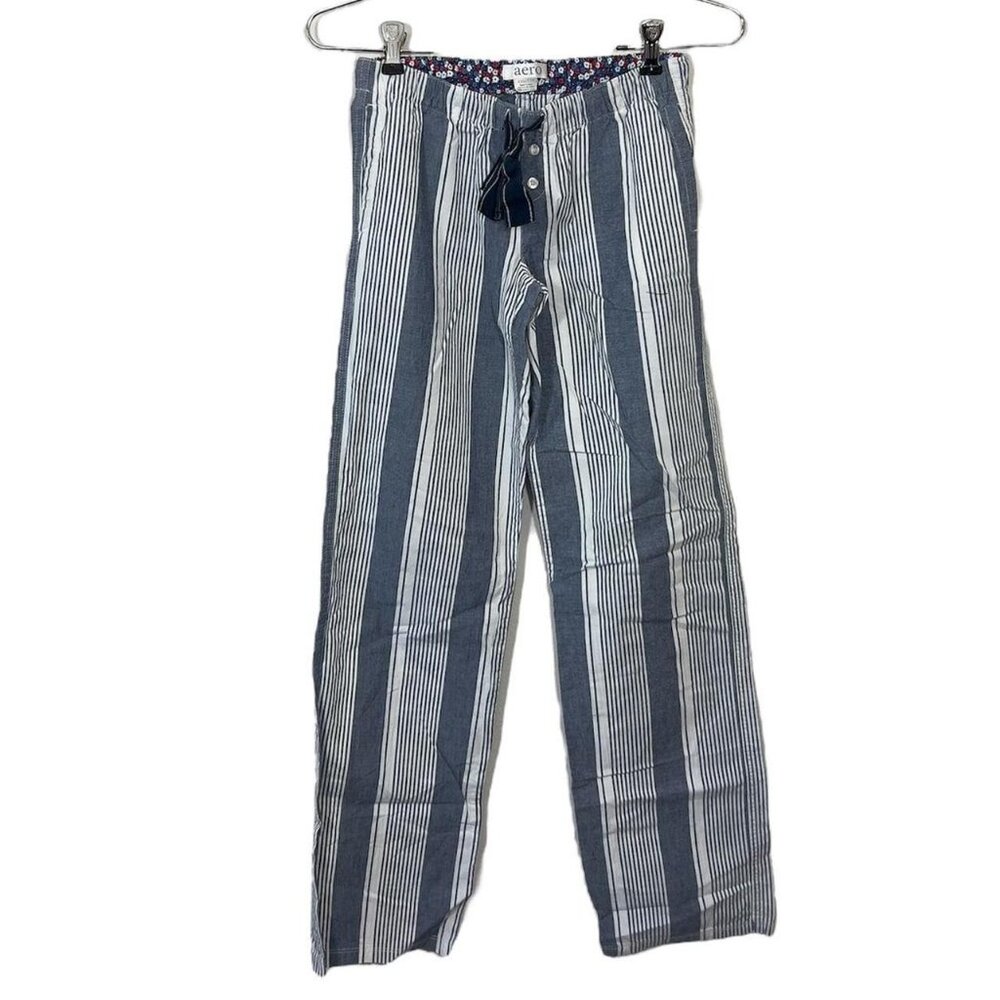Y2K Aero Pinstripe Blue White Pajama Pants Cotton Low Rise With Drawstring And B